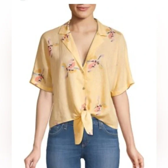 RAILS S Marley tie yellow floral spring short sleeve linen blouse shabby chic - Picture 1 of 13